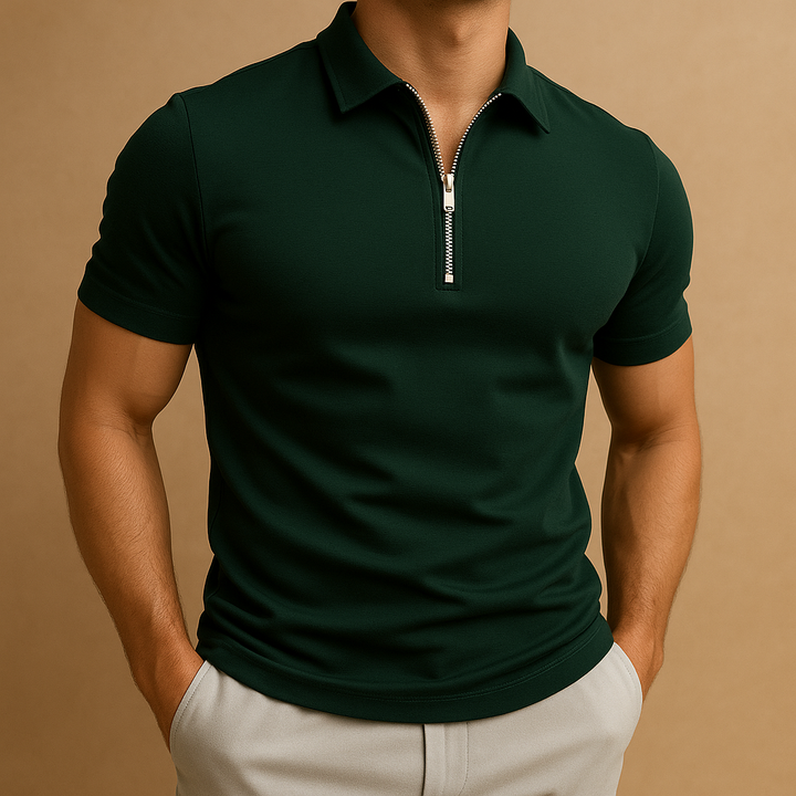 Back view of the men's zip neck slim fit polo shirt, a versatile short sleeve collared top for men's fashion.