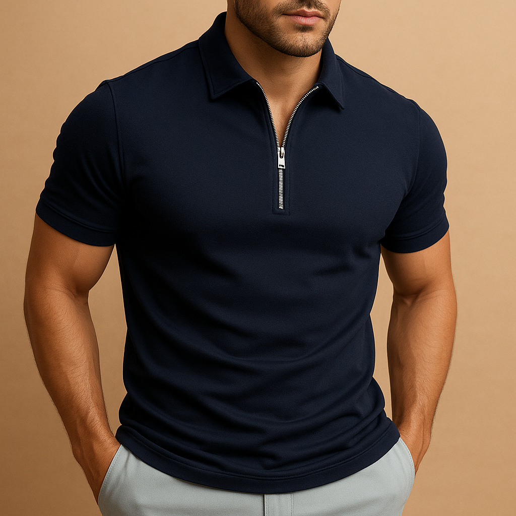Model wearing a men's zip neck slim fit polo shirt, styled for a smart casual look and everyday versatility.