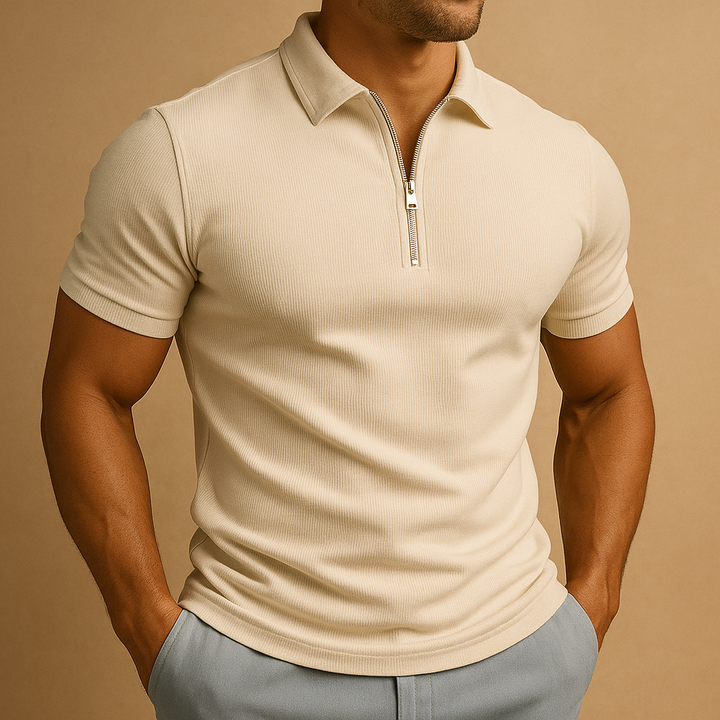 Neatly folded men's zip neck slim fit polo shirt, ready for wear as a modern short sleeve casual top.