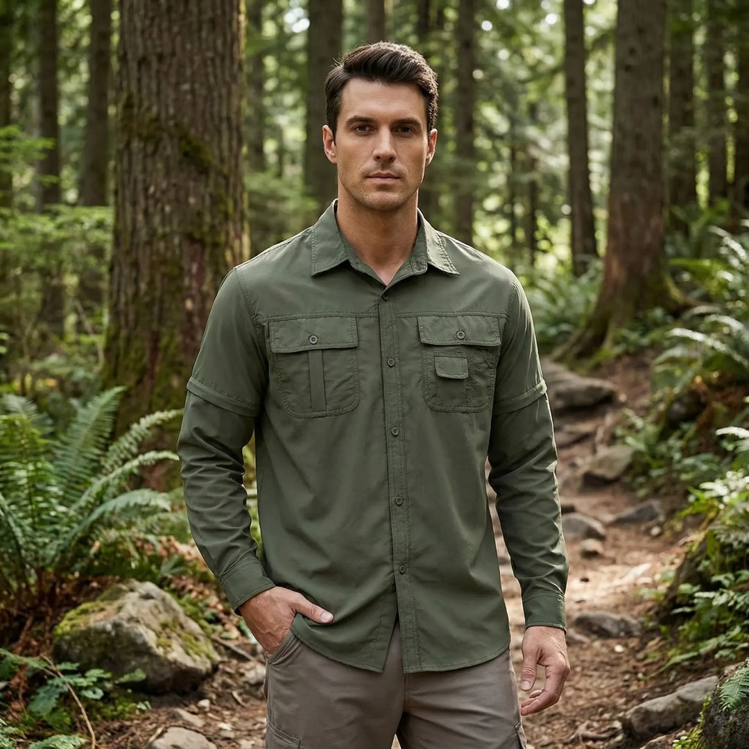 Men's zip-off sleeve outdoor shirt for versatile hiking, sun protection, & quick-dry comfort.