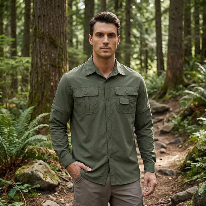 Men's zip-off sleeve outdoor shirt for versatile hiking, sun protection, & quick-dry comfort.