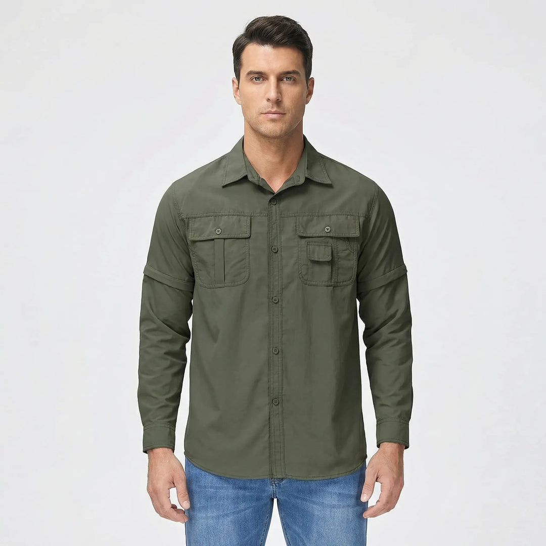Men's convertible hiking shirt with zip-off sleeves, easily transitions from long to short. Quick-dry adventure wear.