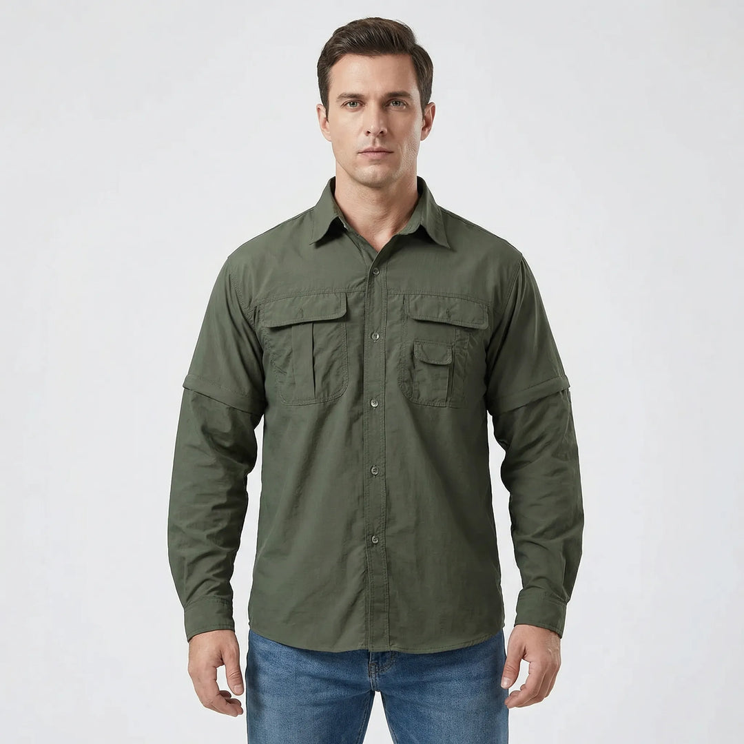 Men's quick-dry outdoor shirt with sun protection. Zip-off sleeves for versatile comfort on trails & travels.
