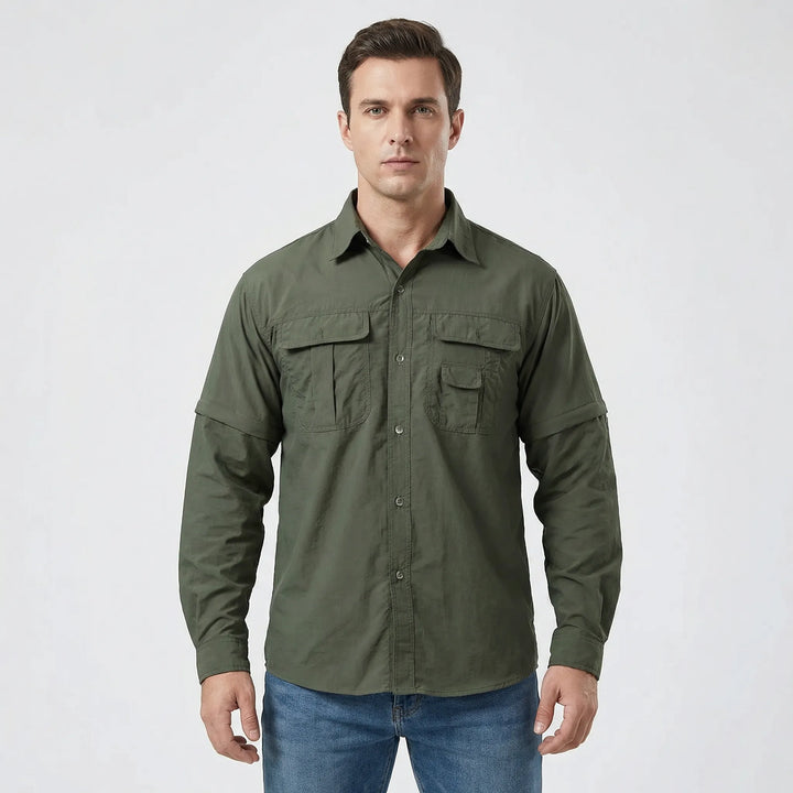 Men's quick-dry outdoor shirt with sun protection. Zip-off sleeves for versatile comfort on trails & travels.