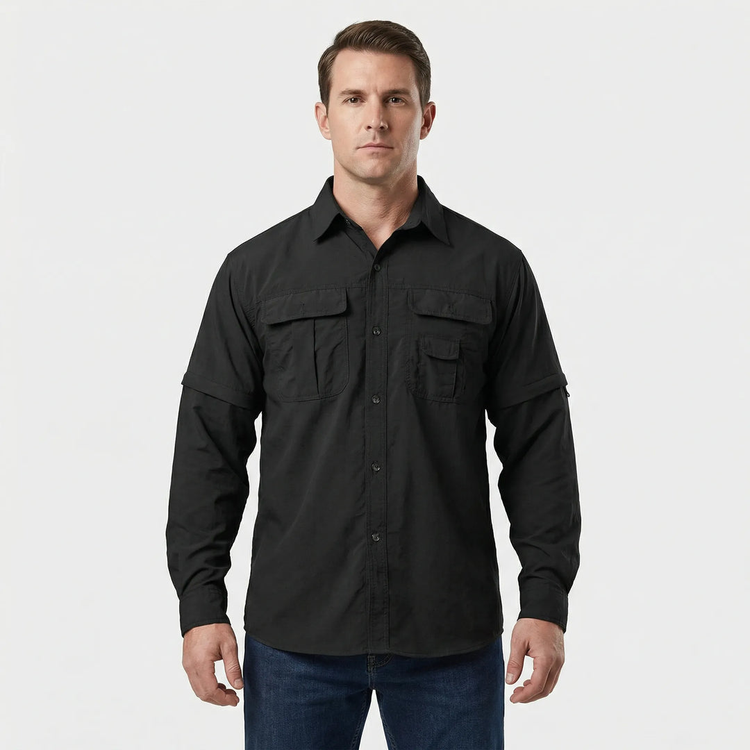 Full view of men's quick-dry outdoor shirt with zip-off sleeves, ideal for sun protection during hiking & travel.