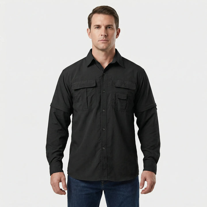 Full view of men's quick-dry outdoor shirt with zip-off sleeves, ideal for sun protection during hiking & travel.