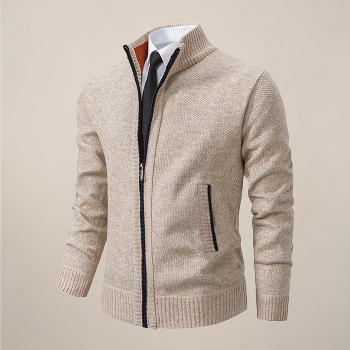 Men's zip-up knit cardigan in a versatile grey, perfect for smart casual layering in fall & winter fashion.