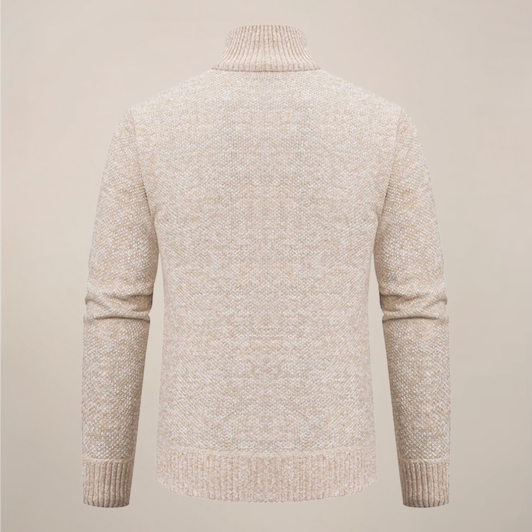 Stylish men's collared zip-up knit cardigan, soft long sleeve knitwear for comfortable smart casual looks.