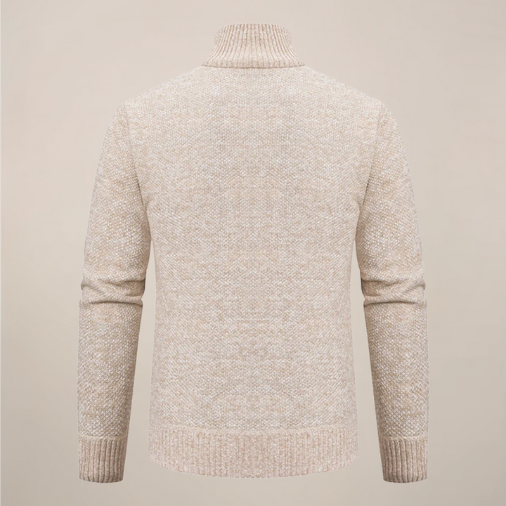 Stylish men's collared zip-up knit cardigan, soft long sleeve knitwear for comfortable smart casual looks.