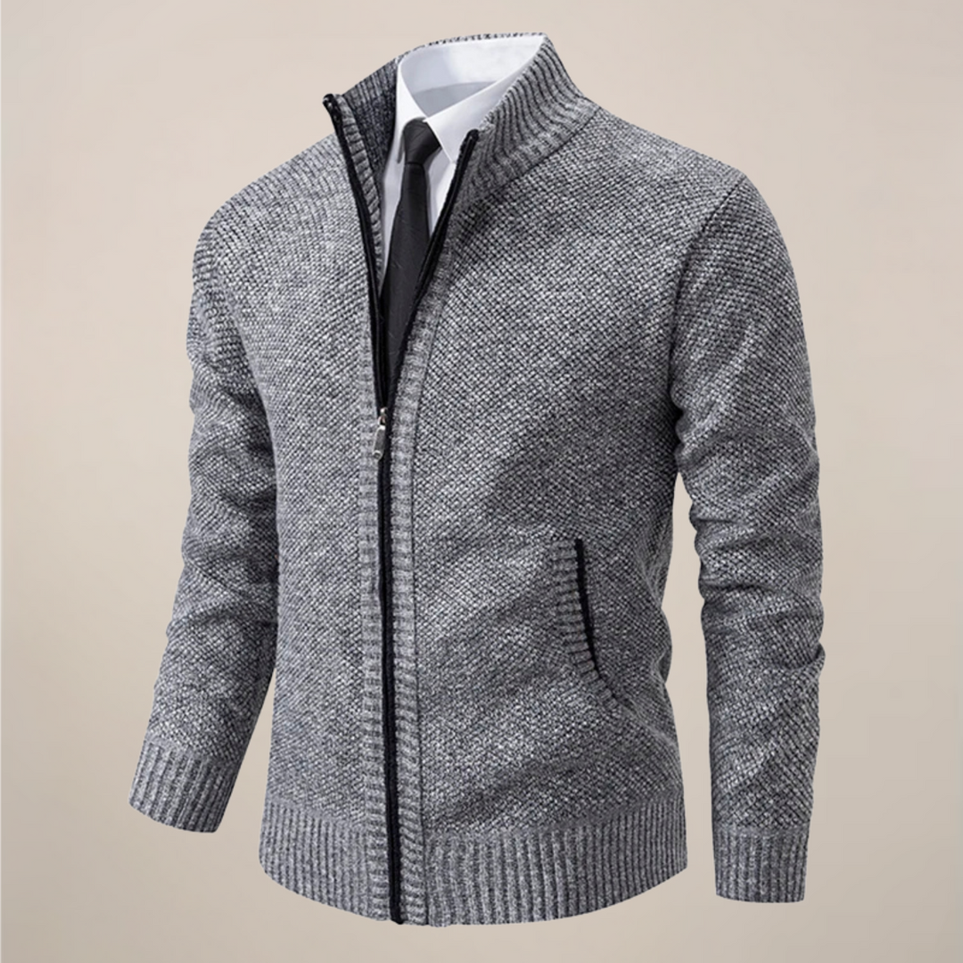 Versatile men's zip-up knit cardigan, ideal for easy layering over shirts or tees, fall & winter wear.
