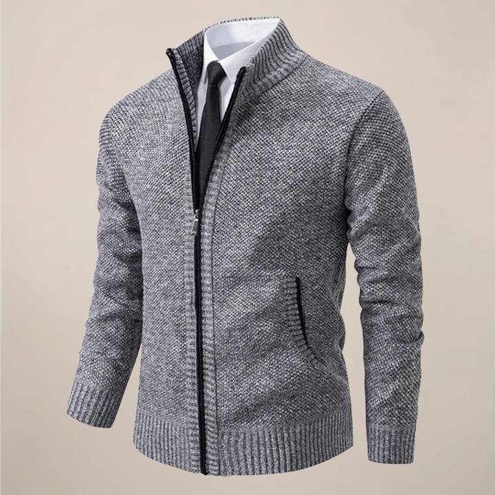 Versatile men's zip-up knit cardigan, ideal for easy layering over shirts or tees, fall & winter wear.