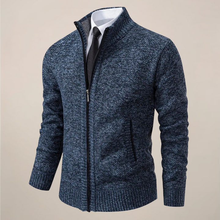 Man wearing a comfortable zip-up knit cardigan, showcasing its smart casual style and adaptable fit.