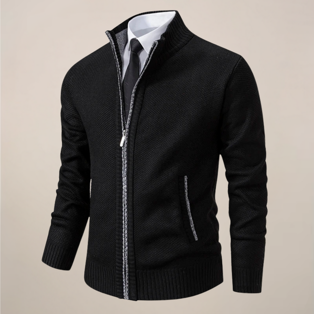 Close-up of the ribbed collar and textured knit fabric on a men's zip-up cardigan, highlighting quality.