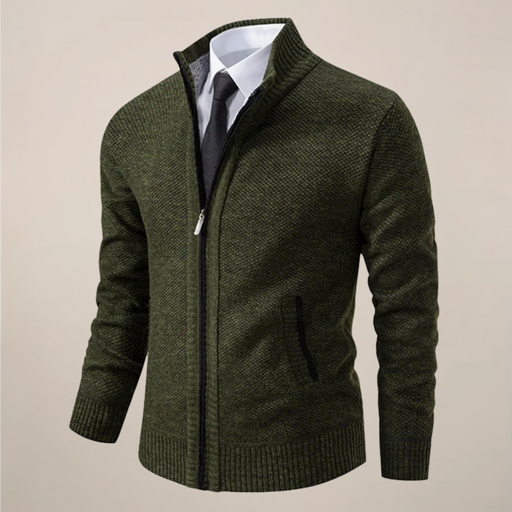 Back view of a men's long sleeve zip-up knit cardigan, demonstrating its comfortable fit for smart casual style.