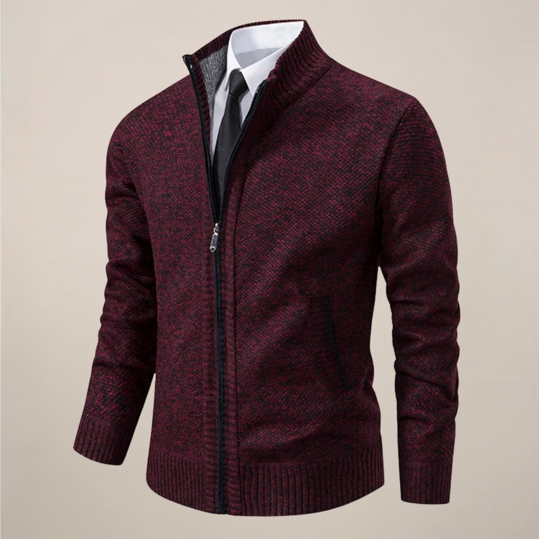 Men's fall fashion: smart casual zip-up knit cardigan for versatile layering & warmth in winter weather.