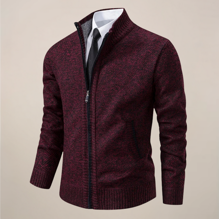 Men's fall fashion: smart casual zip-up knit cardigan for versatile layering & warmth in winter weather.