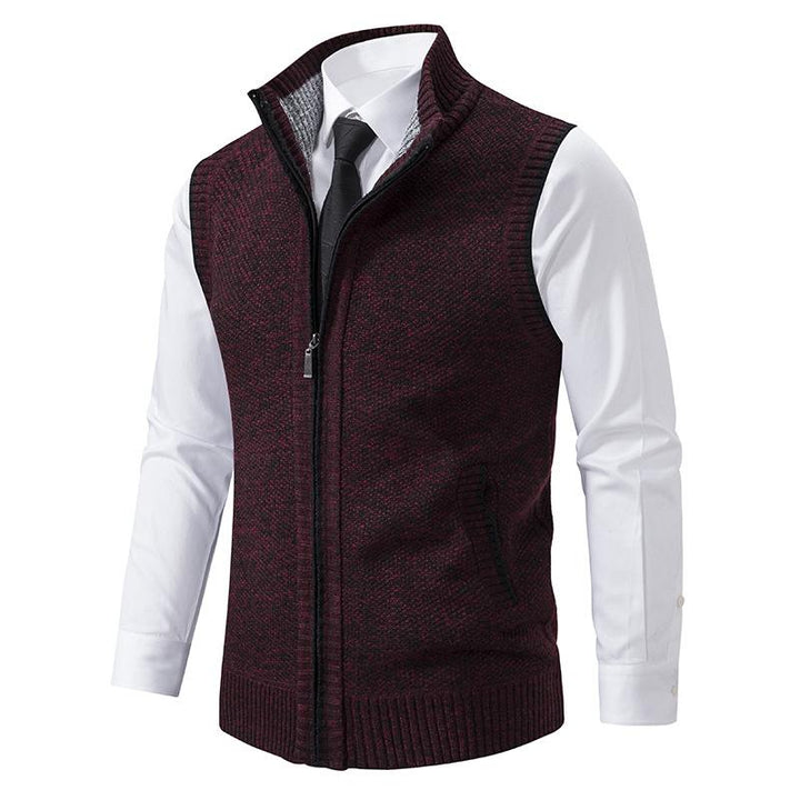 Men's stylish zip-up mock neck gilet, a versatile sweater vest for layering in cool weather. Autumn fashion.