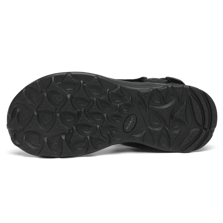 "Men's sport hiking sandals with anti-slip PU sole, black, open-toe, adjustable straps, breathable leather and mesh."