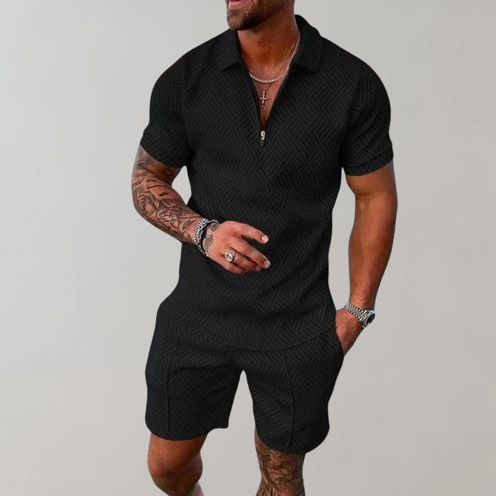 "Men's Summer Zip Polo Shorts Set, relaxed fit, short sleeves, zip-up collar, above-knee shorts, textured design."