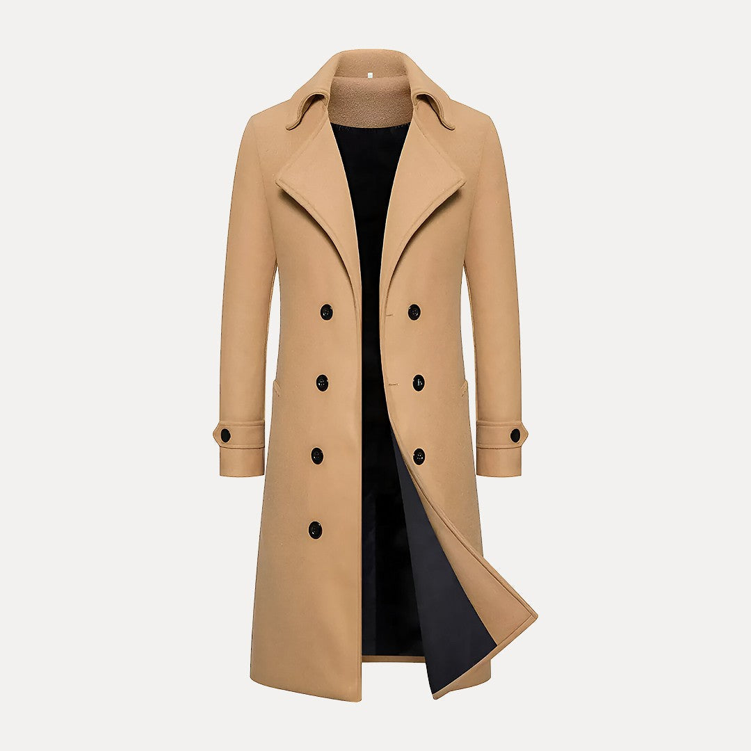 Mens tailored double-breasted long winter coat with peak lapels. Classic formal overcoat for cold weather.