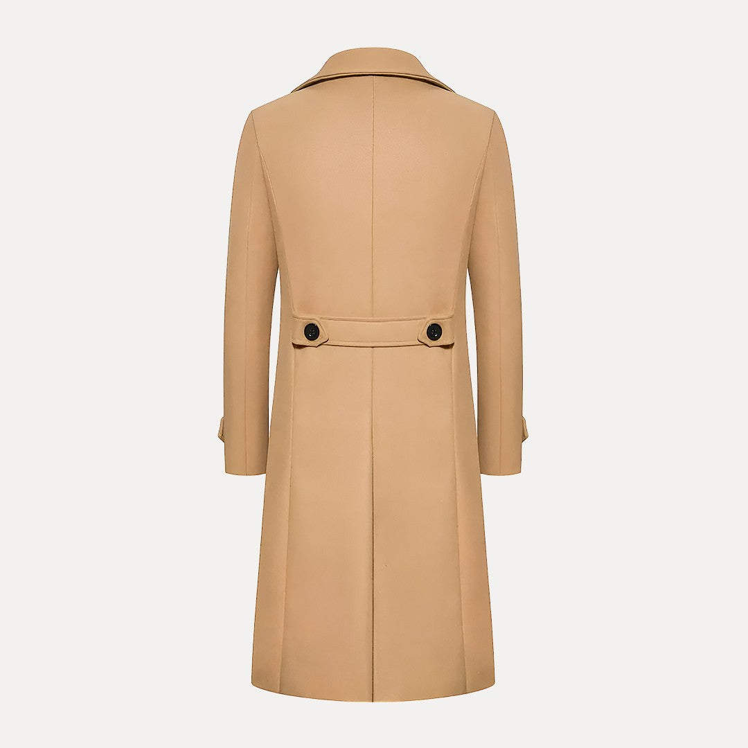 Elegant mens double-breasted long trench coat with peak lapels. Perfect formal or smart casual winter menswear.