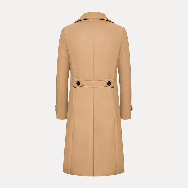 Elegant mens double-breasted long trench coat with peak lapels. Perfect formal or smart casual winter menswear.