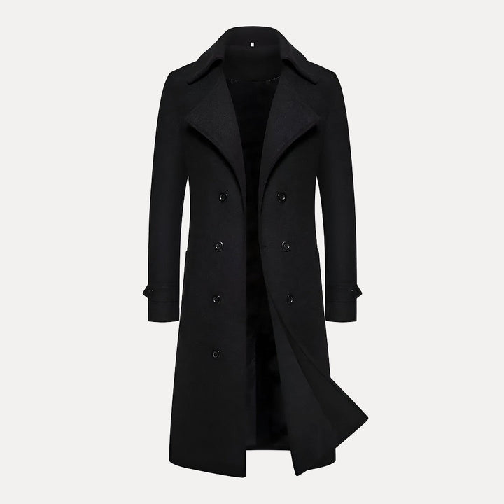 Classic men's long winter overcoat, double-breasted with sharp peak lapels. Tailored formal menswear for cold days.