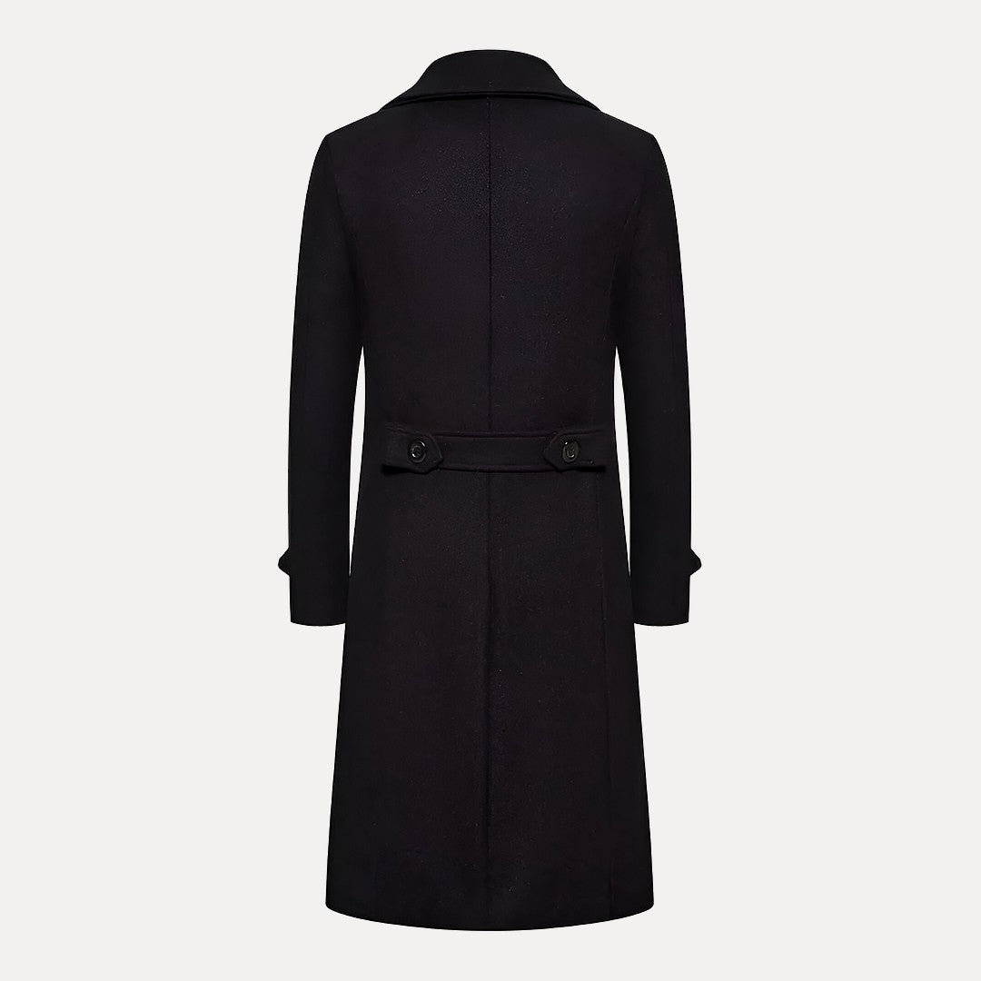 Stylish men's double-breasted long winter coat. Tailored trench coat with elegant peak lapels for a formal look.