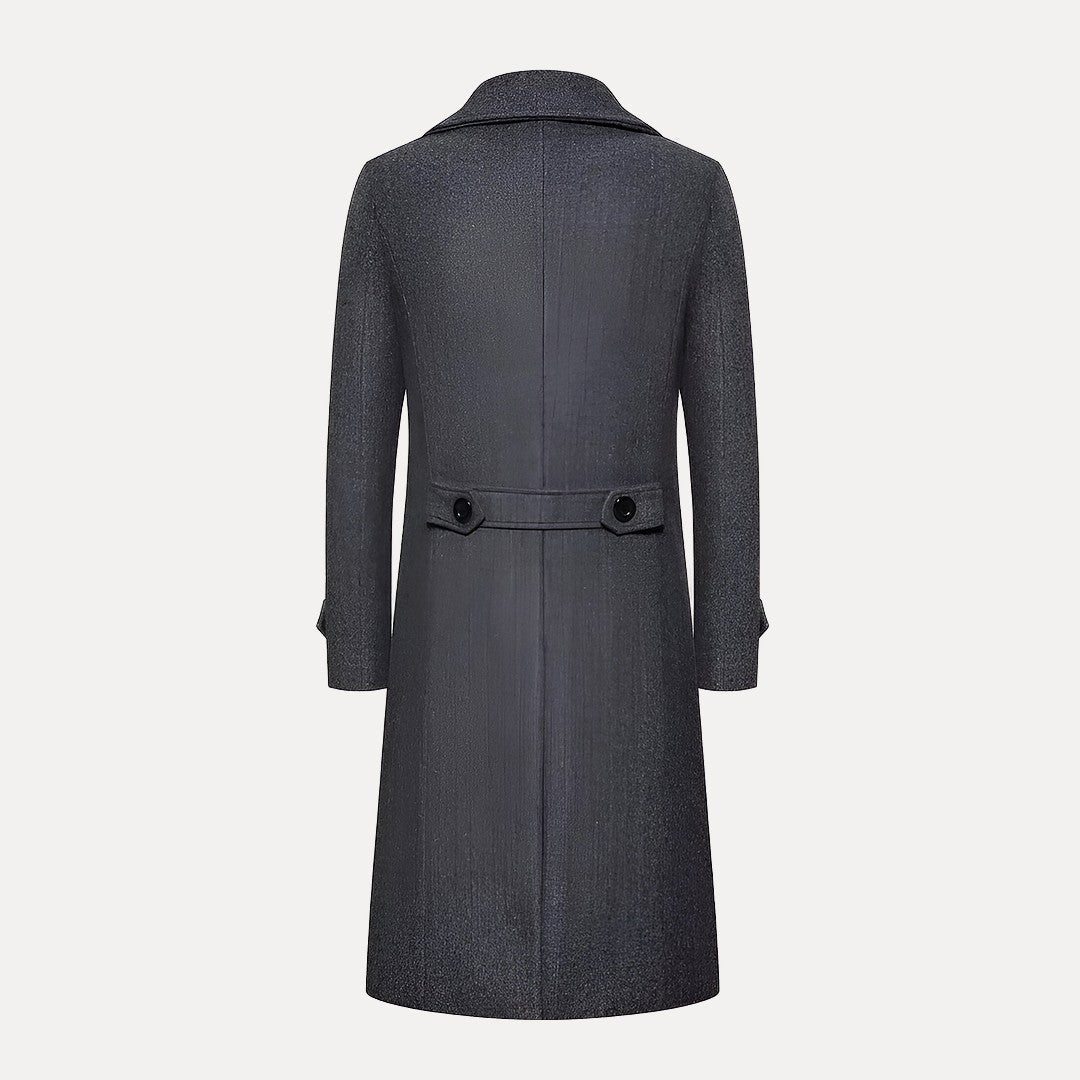 Versatile men's double-breasted long winter coat. Smart casual trench coat with peak lapels. Classic elegant menswear.