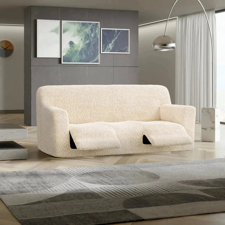 "Microfiber 3-seater recliner slipcover in light grey, versatile fit; transforms decor with protective, stylish cover."