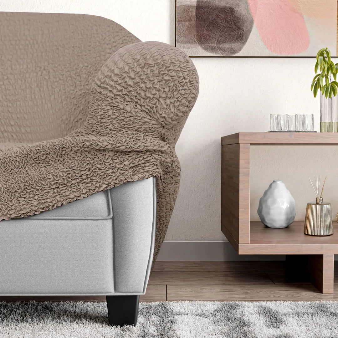 "Microfiber 3-seater recliner slipcover in light grey, versatile fit; transforms decor with protective, stylish cover."