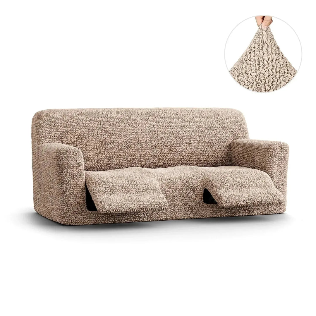 "Microfiber 3-seater recliner slipcover in light grey, versatile fit; transforms decor with protective, stylish cover."