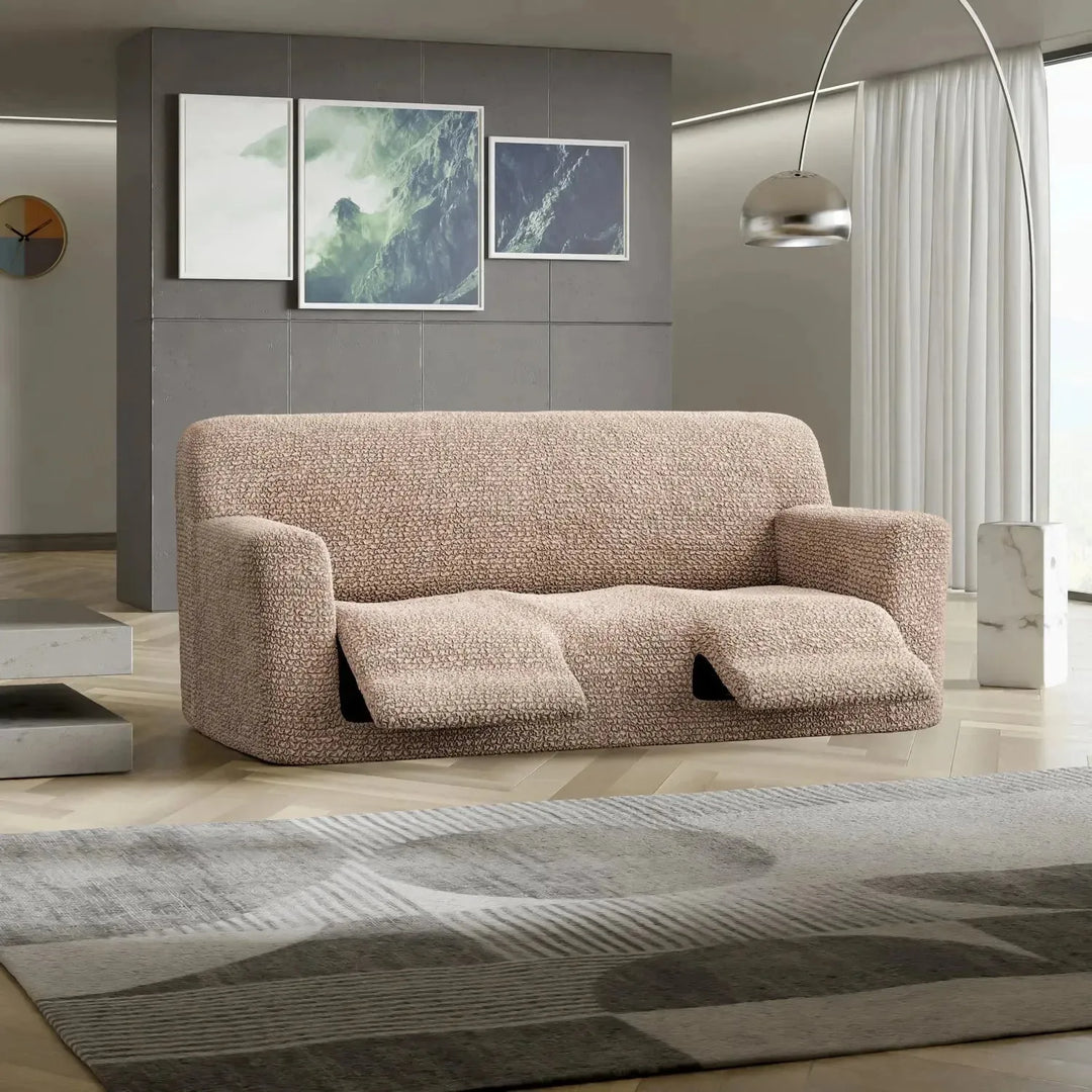 "Microfiber 3-seater recliner slipcover in light grey, versatile fit; transforms decor with protective, stylish cover."