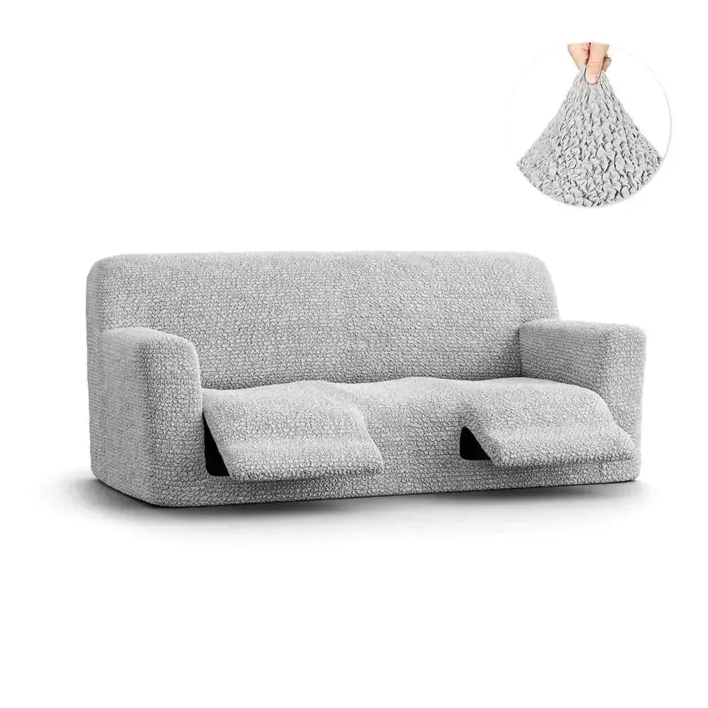 "Microfiber 3-seater recliner slipcover in light grey, versatile fit; transforms decor with protective, stylish cover."