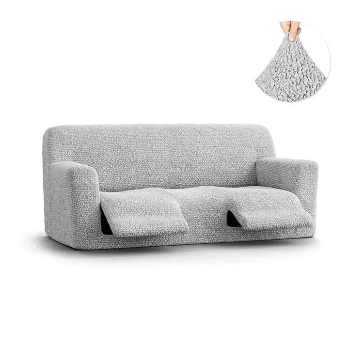 "Microfiber 3-seater recliner slipcover in light grey, versatile fit; transforms decor with protective, stylish cover."