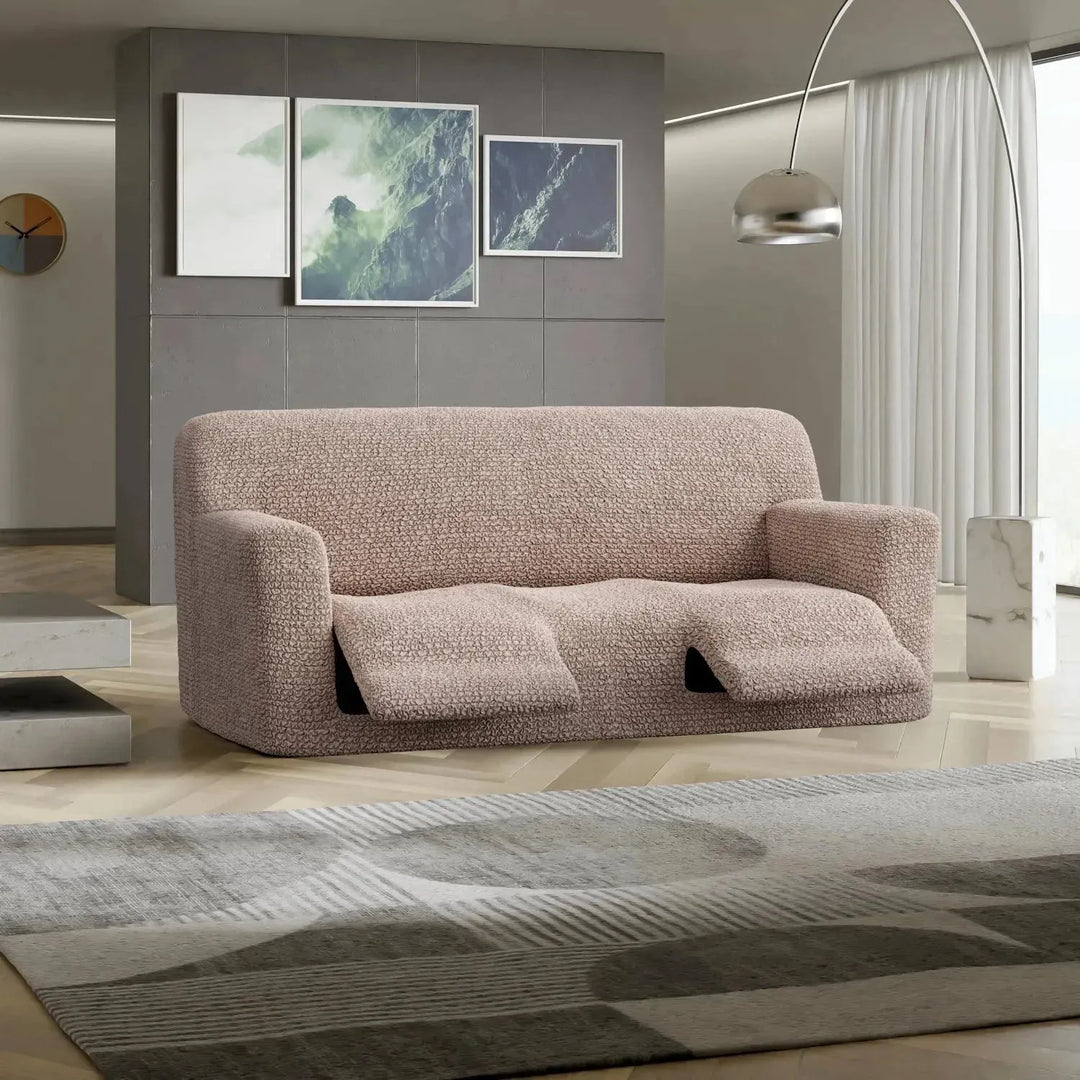 "Microfiber 3-seater recliner slipcover in light grey, versatile fit; transforms decor with protective, stylish cover."