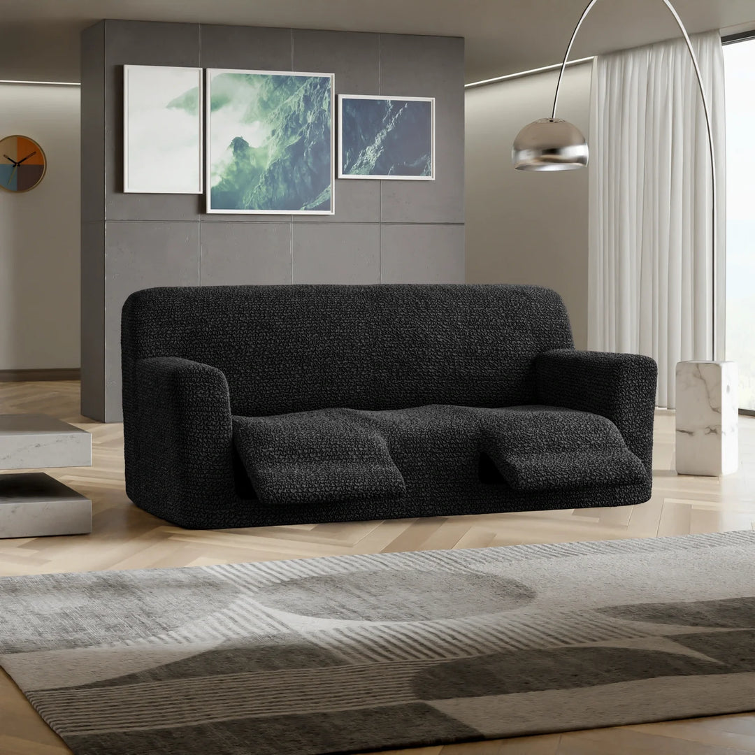 "Microfiber 3-seater recliner slipcover in light grey, versatile fit; transforms decor with protective, stylish cover."