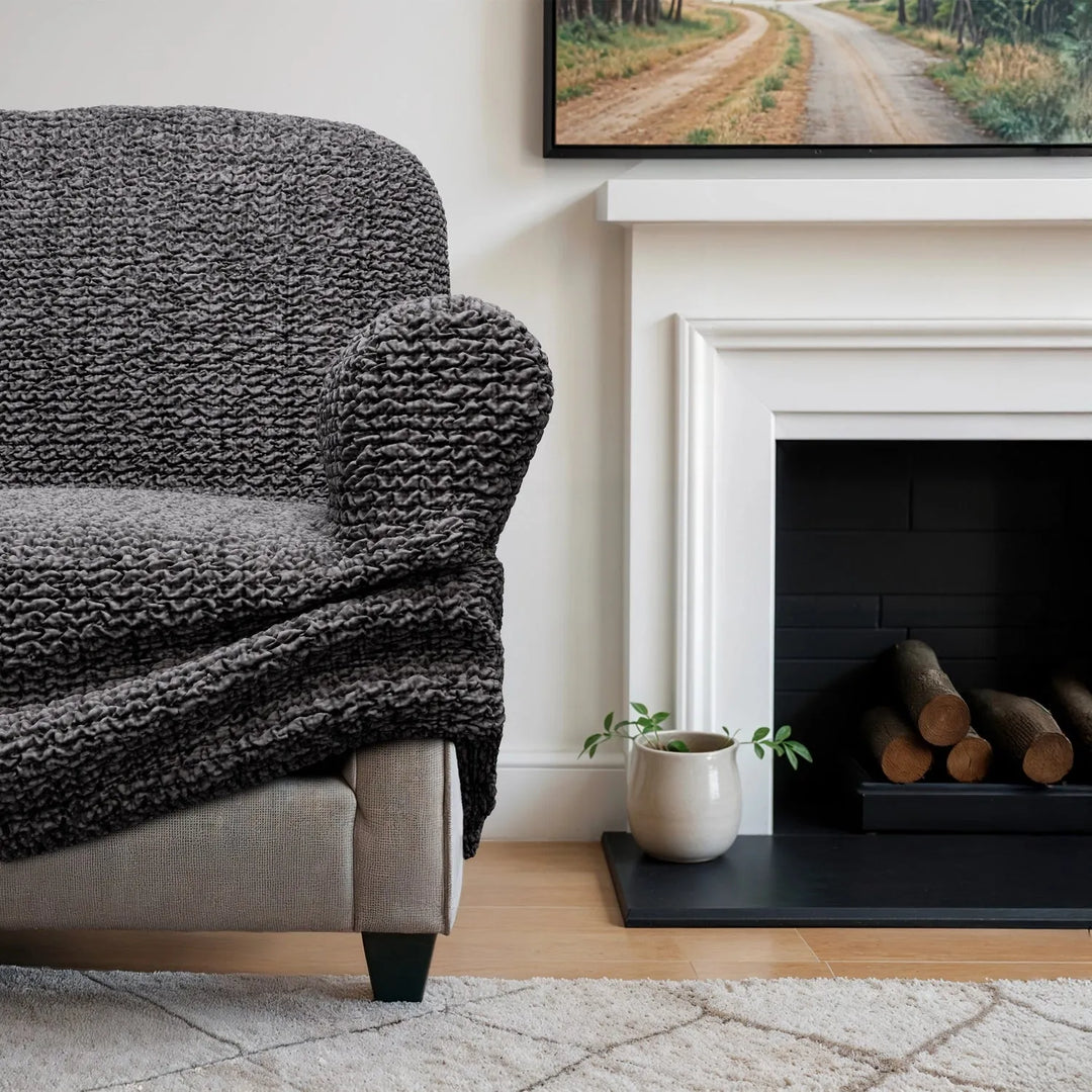 "Microfiber 3-seater sofa slipcover in various colors, showcasing a snug fit and elegant texture for enhanced decor."