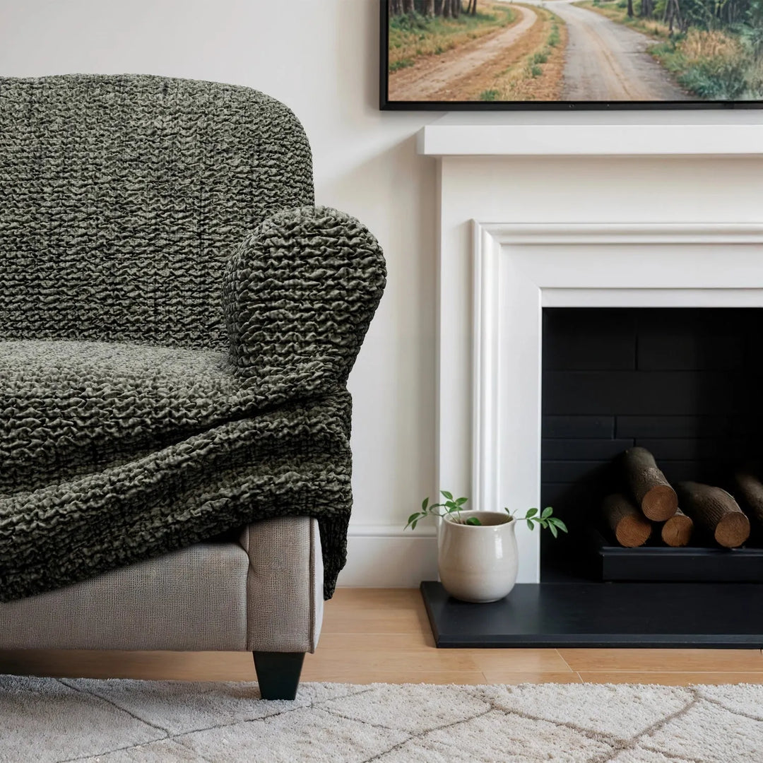 "Microfiber 3-seater sofa slipcover in various colors, showcasing a snug fit and elegant texture for enhanced decor."