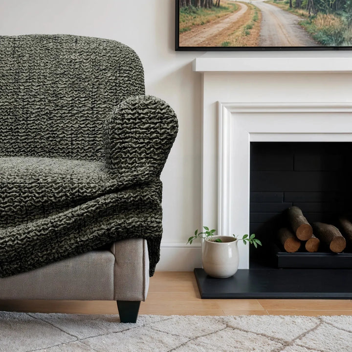 "Microfiber 3-seater sofa slipcover in various colors, showcasing a snug fit and elegant texture for enhanced decor."