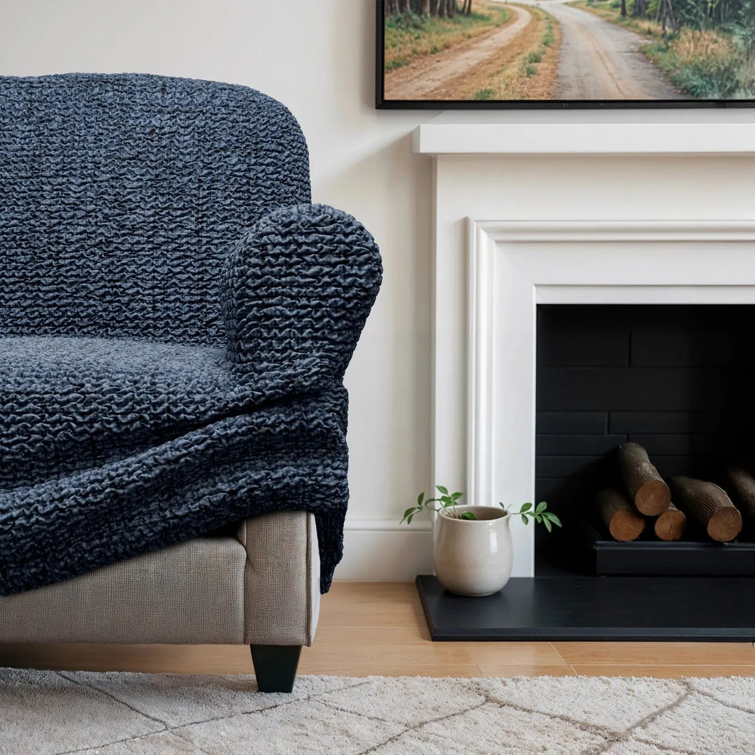 "Microfiber 3-seater sofa slipcover in various colors, showcasing a snug fit and elegant texture for enhanced decor."