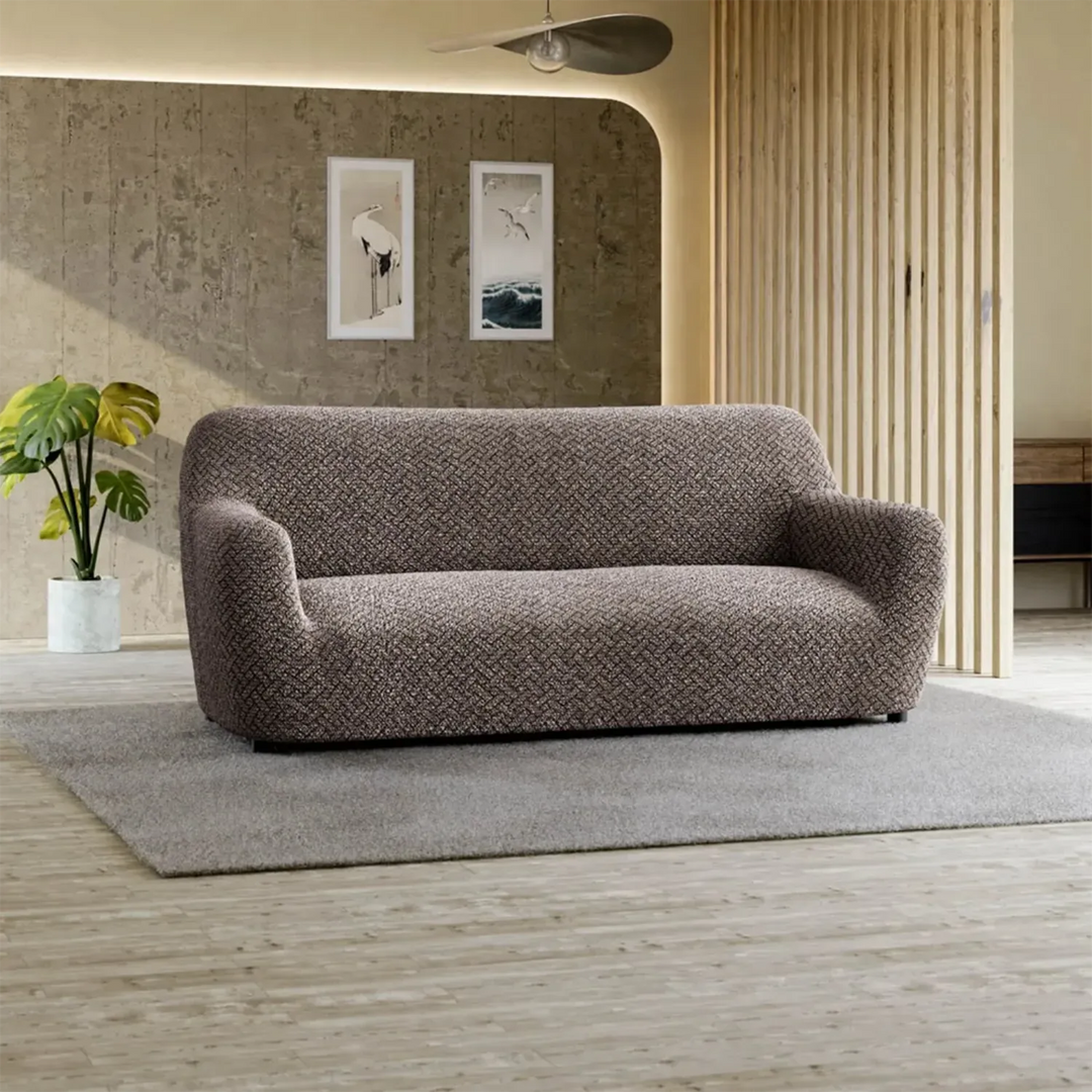 "Microfiber 3-seater sofa slipcover in various colors, showcasing a snug fit and elegant texture for enhanced decor."