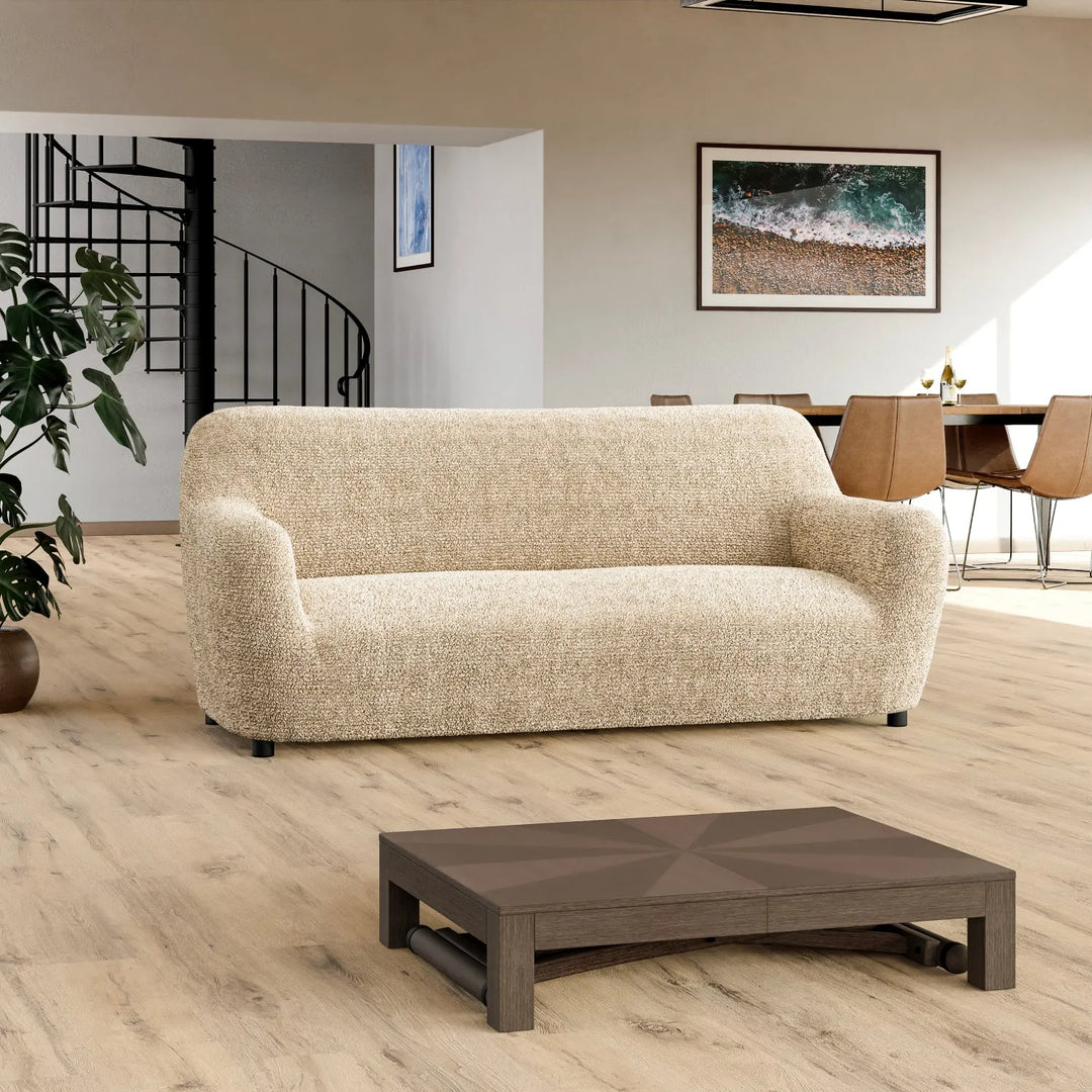 "Microfiber 3-seater sofa slipcover in various colors, showcasing a snug fit and elegant texture for enhanced decor."