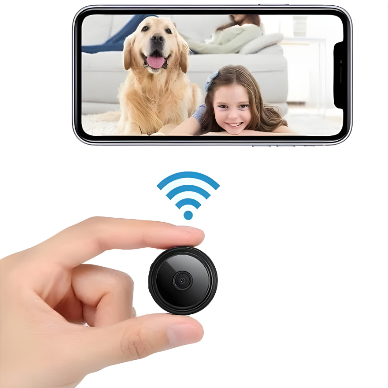 Mini wireless security camera with HD live feed, night vision, and motion detection for discreet home monitoring.
