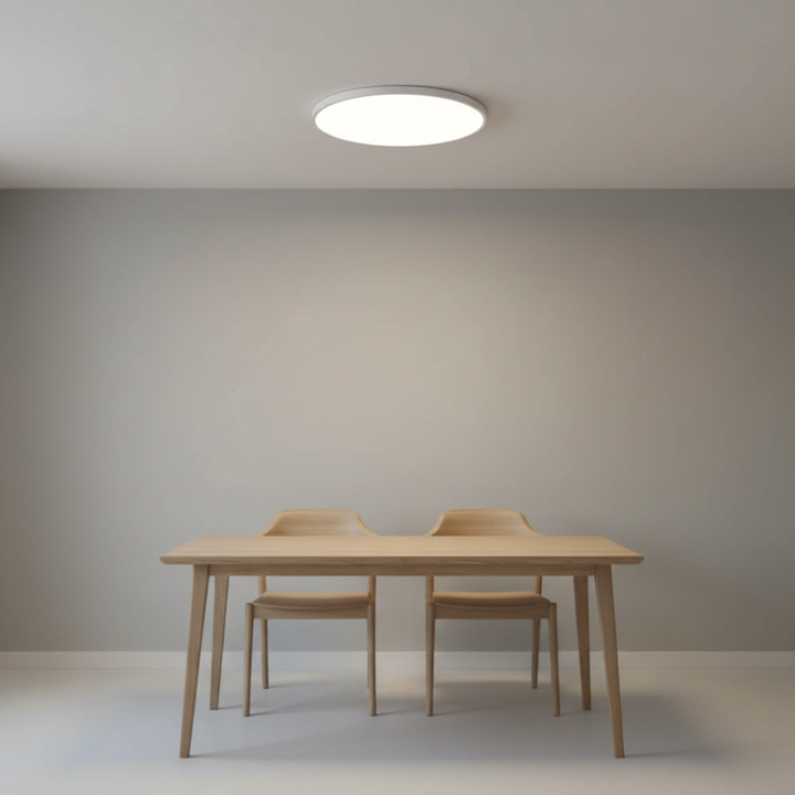 Minimalist AuraSphere LED ceiling light, flat modern design for energy-efficient indoor lighting.