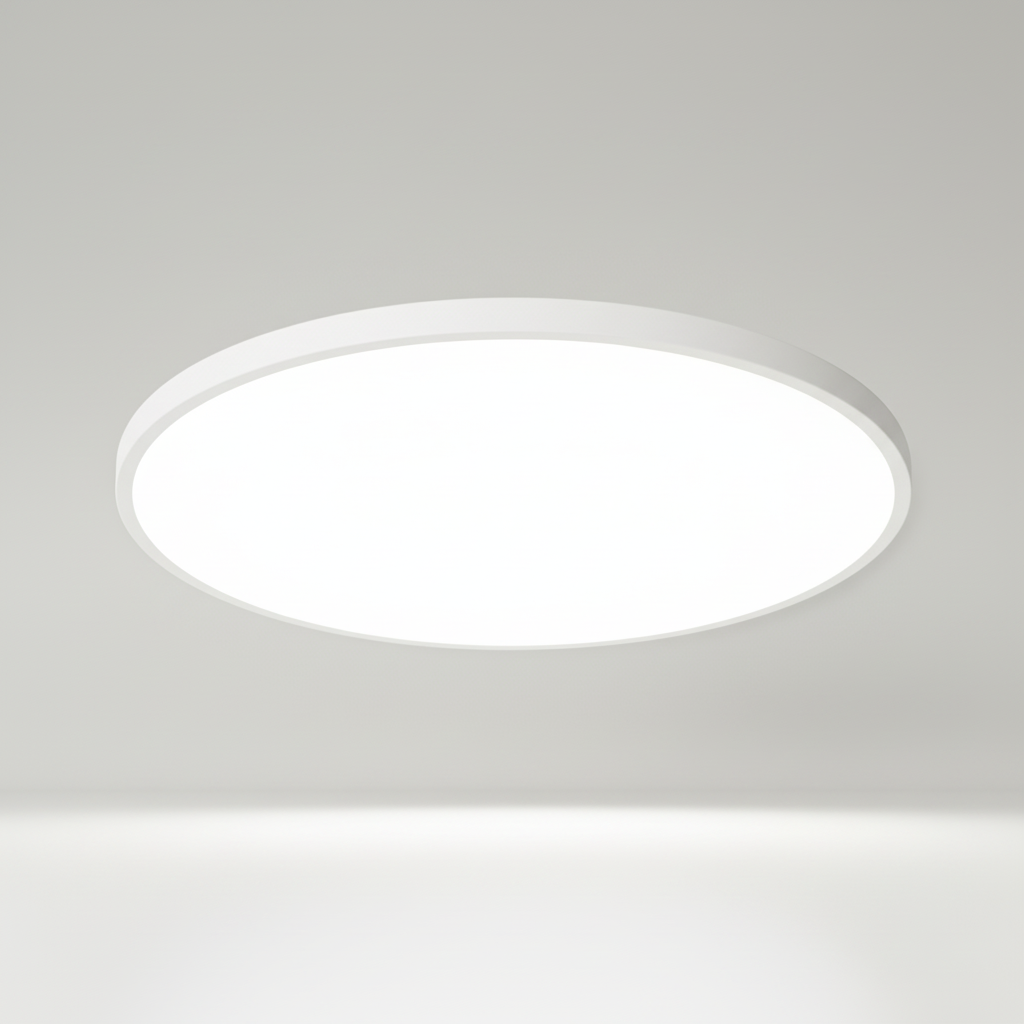 Modern AuraSphere LED ceiling light enhancing living room ambiance with minimalist, flat design.