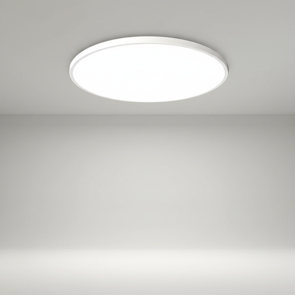 Versatile AuraSphere flat LED ceiling light; modern lighting for dining room, bedroom, or living areas.