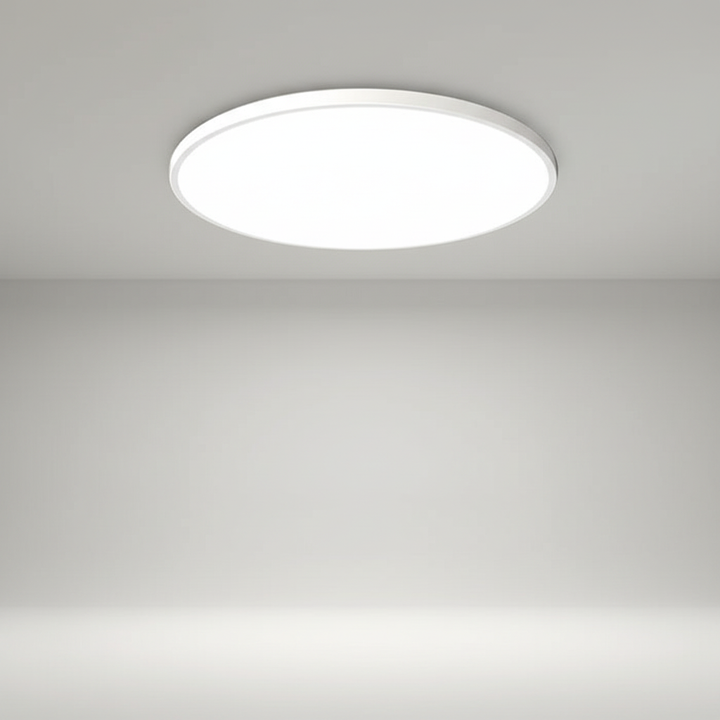 Versatile AuraSphere flat LED ceiling light; modern lighting for dining room, bedroom, or living areas.