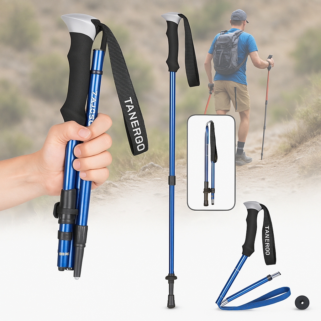 Close-up of ergonomic handle and anti-shock feature on a premium hiking trekking pole.