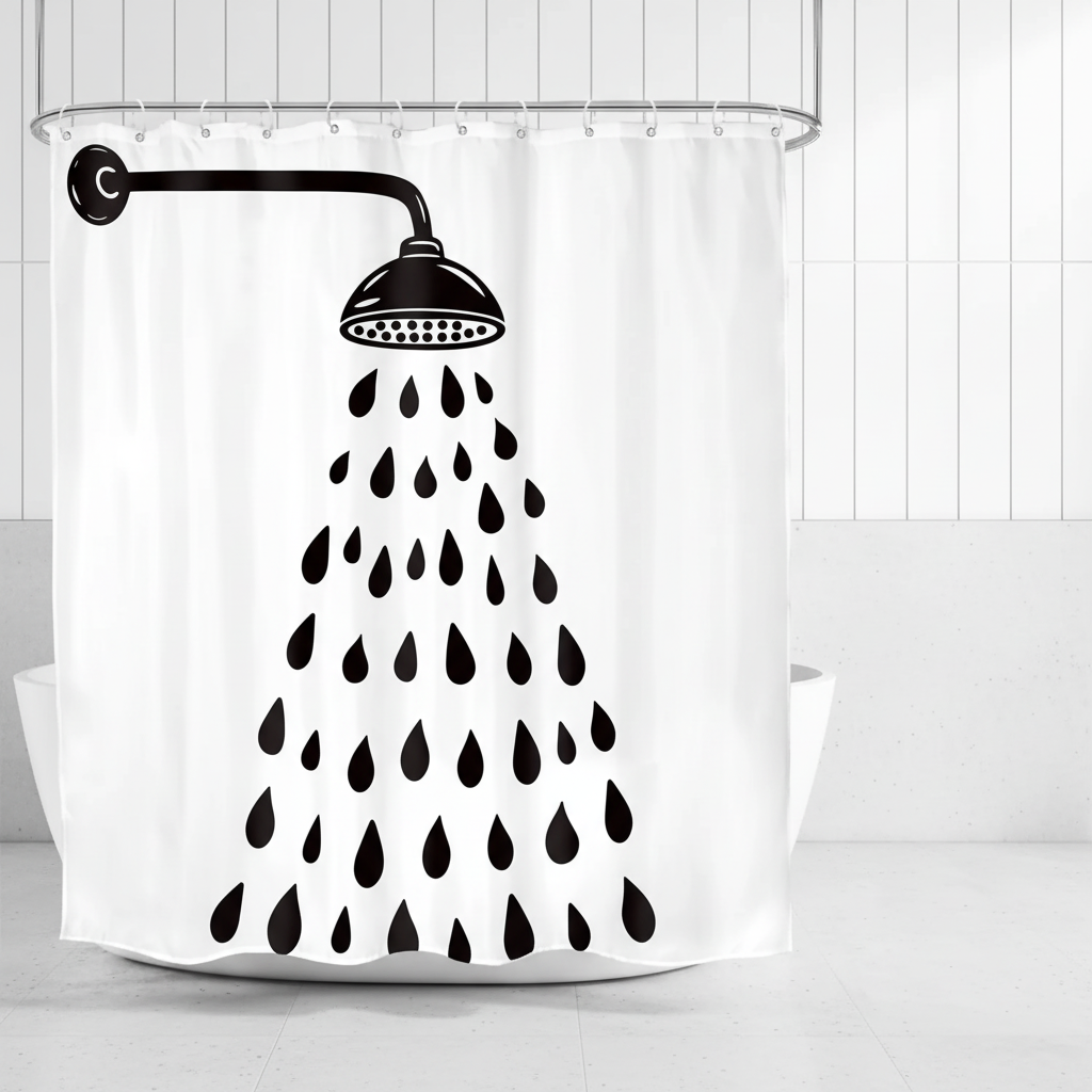 Modern black and white drop design shower curtain. Waterproof polyester for contemporary bathroom decor & privacy.